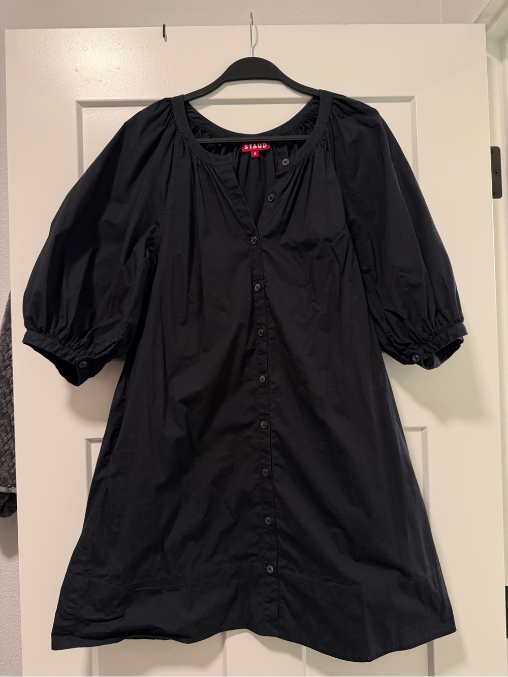 STAUD Black Button-Front Puff Sleeve Shirt Dress